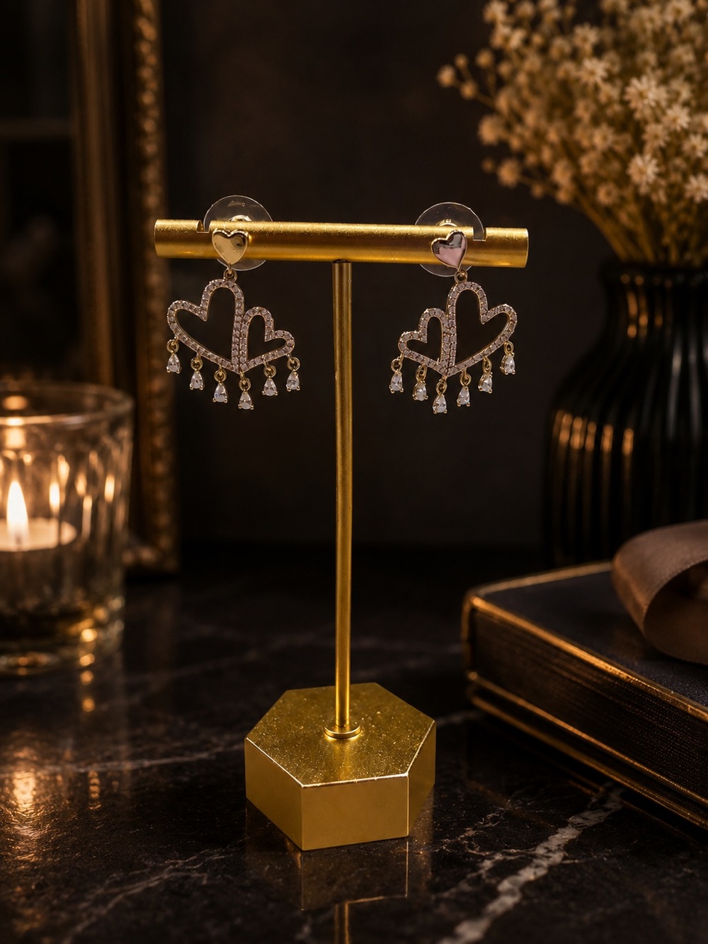 Elegant Gold-Tone Heart Dangle Earrings with Crystal Drops 925 posts